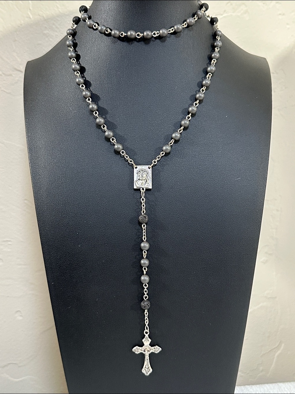 Vintage Italy Scapular Rosary Matte Gunmetal Hematite & Lava Rock Beads
